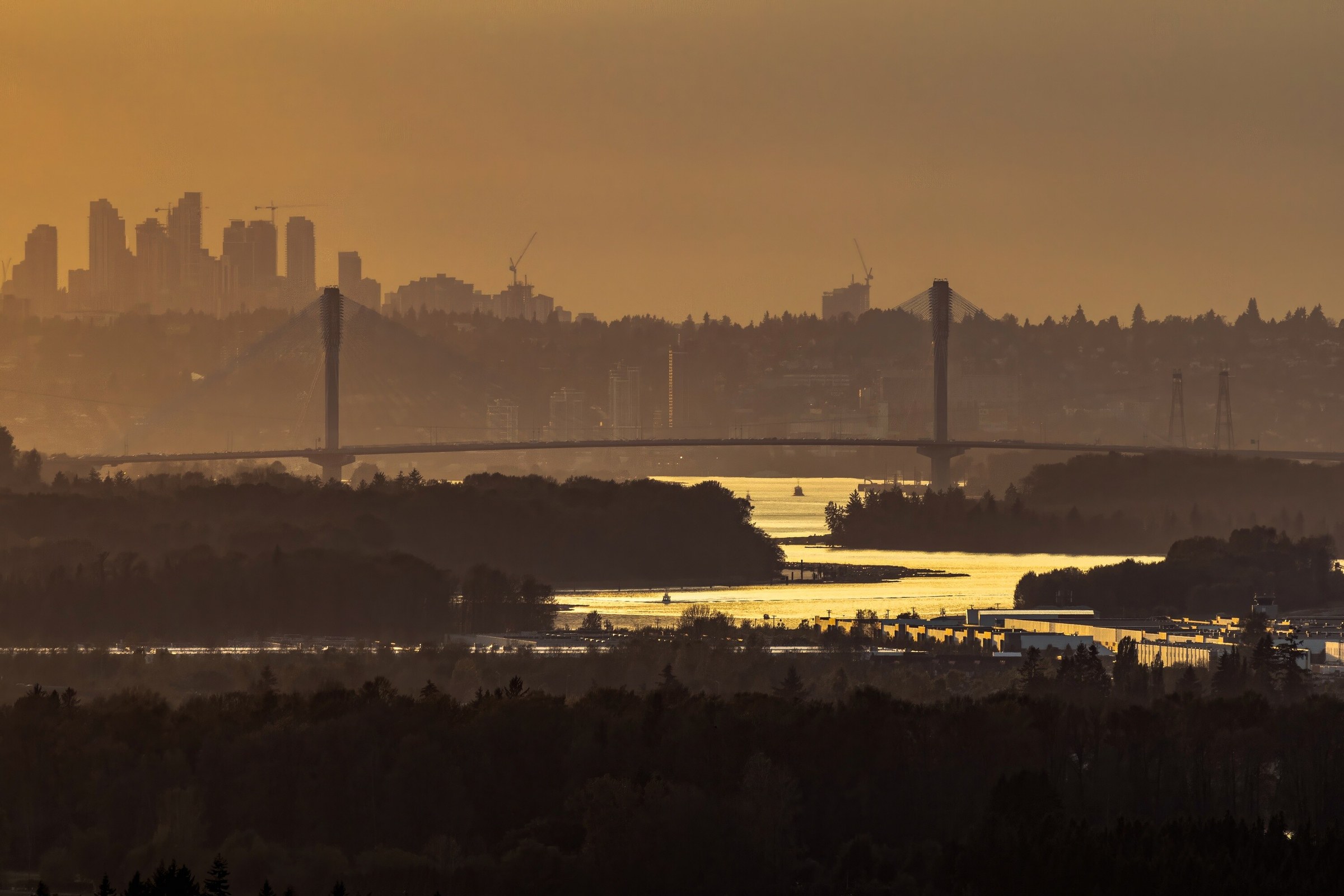 Two bridges and the Vancouver skyline compressed into flat golden layers of haze by a long lens at sunrise.