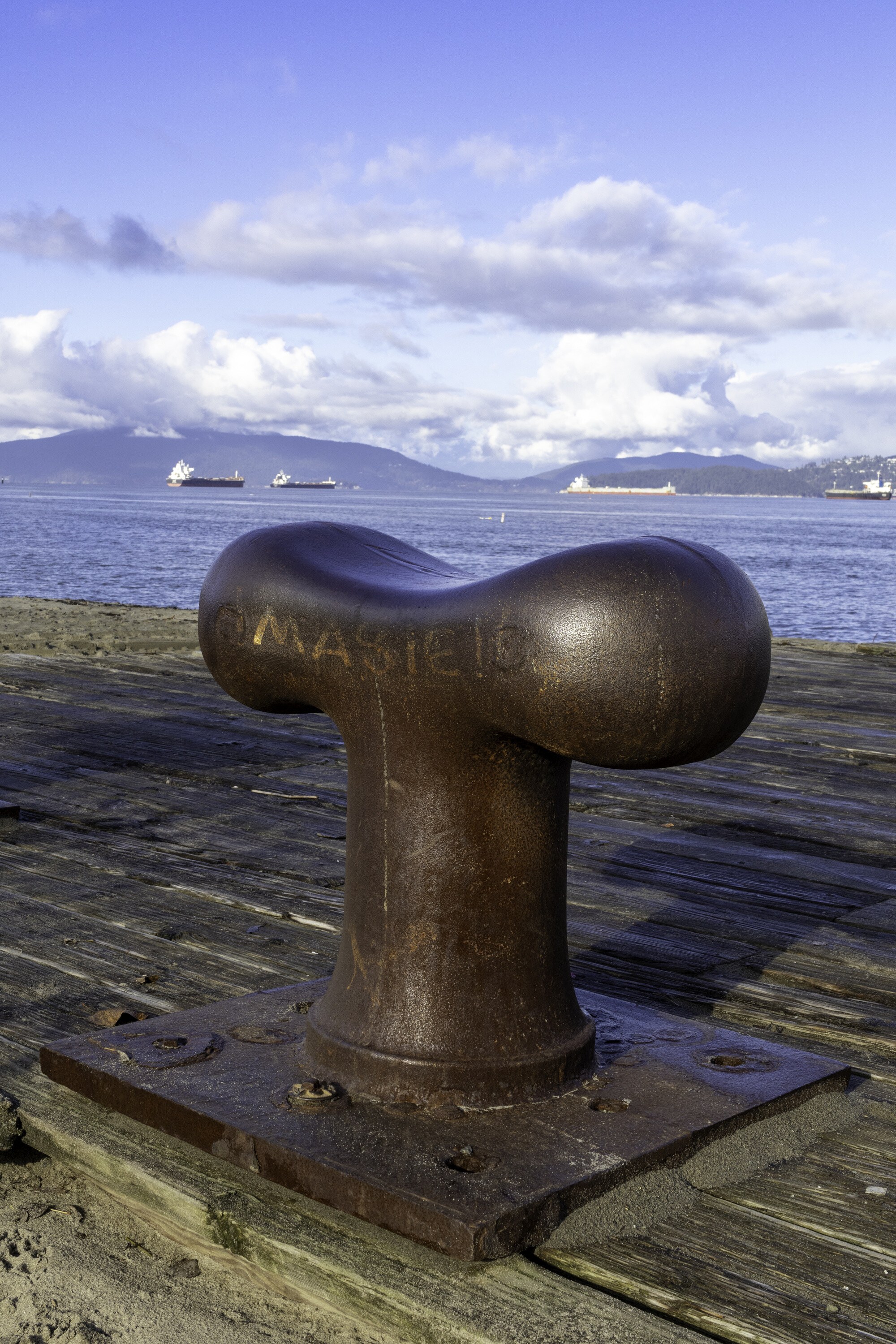 A cast iron mooring bollard on a worn timber wharf, photographed frontally, with anchored freighters and mountains flattened behind it.